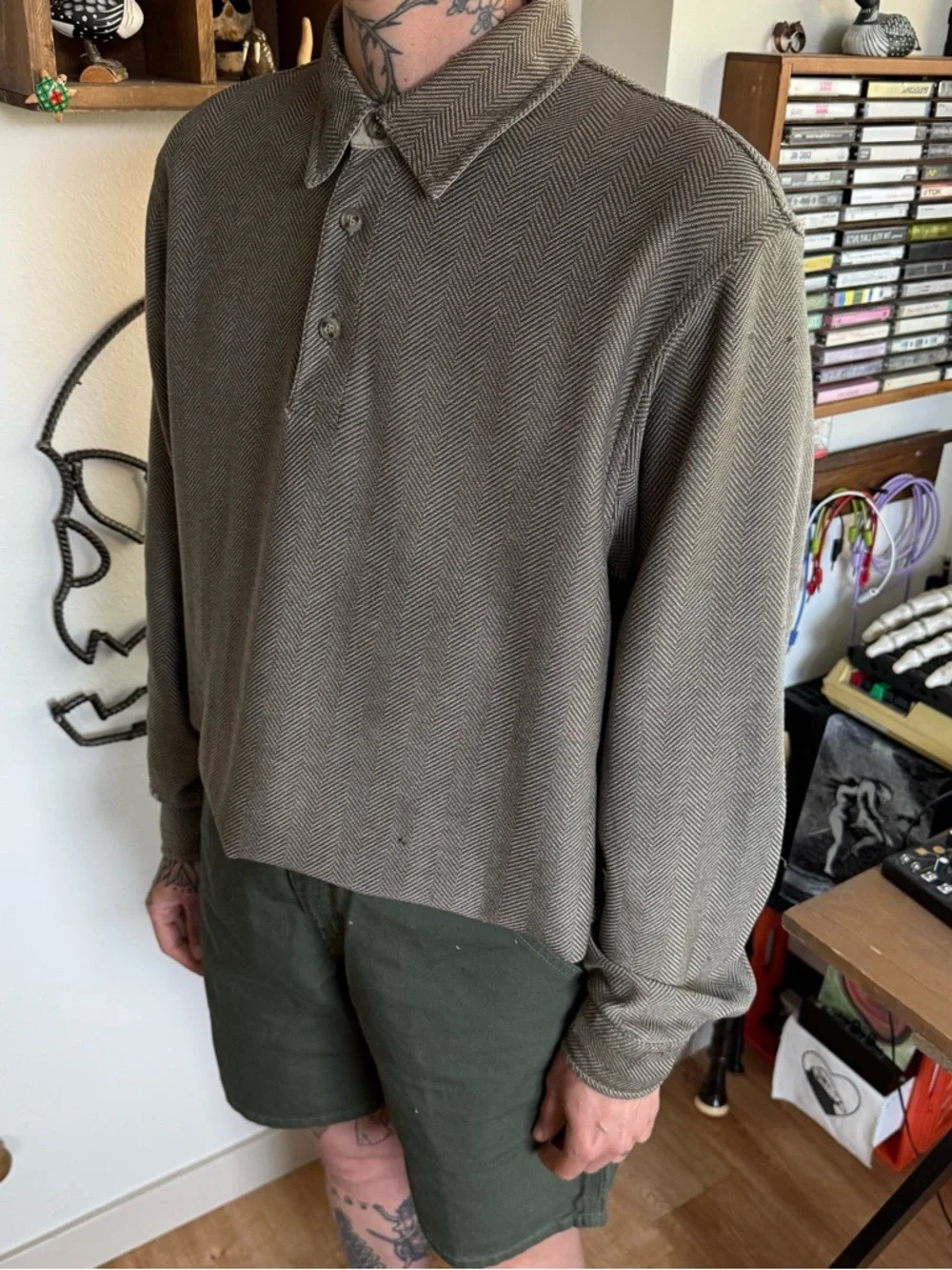 Vintage 90s 2000s LL Bean Cropped Herringbone Twill L/S Polo ~ Size Medium - Picture 3 of 7